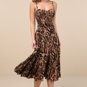 Lulus Enticing Invite Brown Leopard Print Pleated Midi Dress - Size S